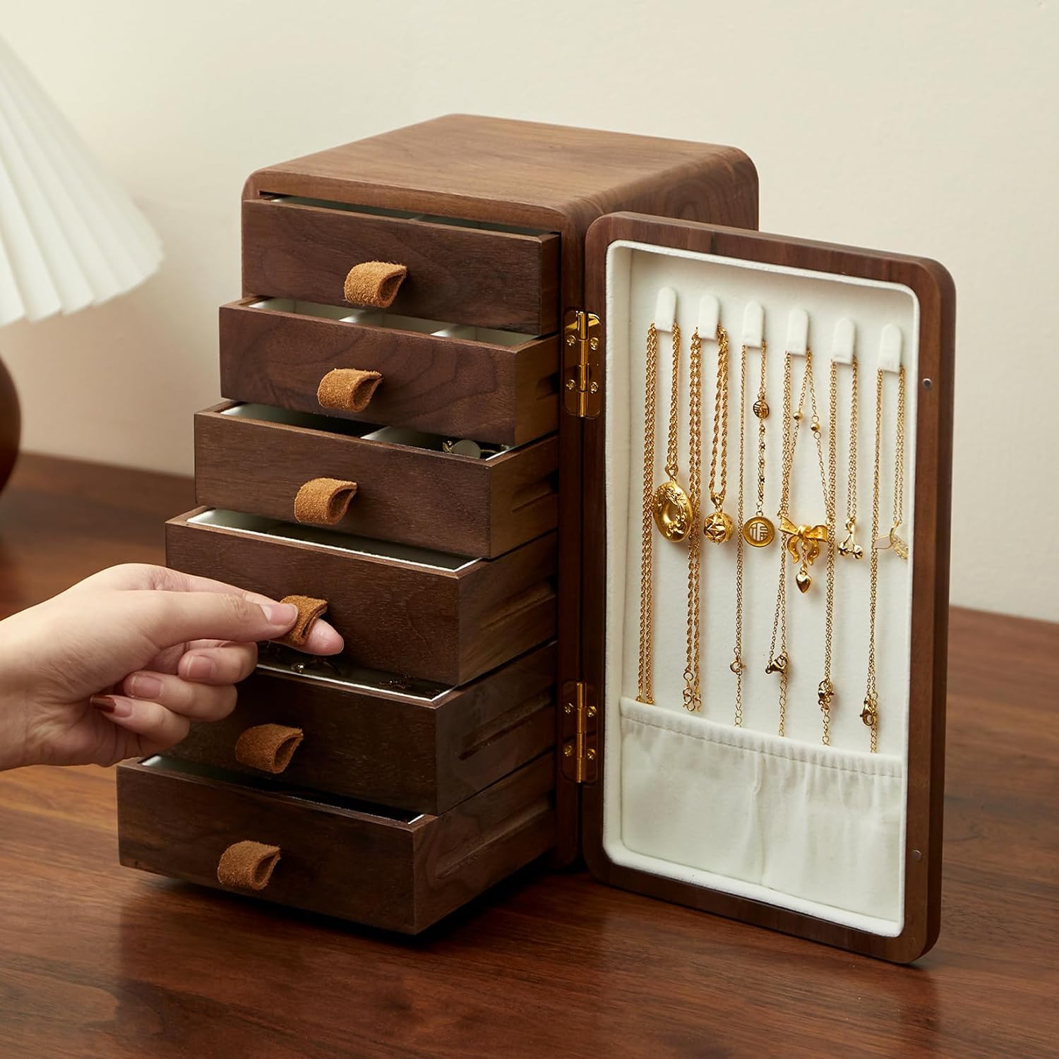 Velvet Jewelry Box - กล่องใส่เครื่องประดับไม้เนื้อแข็งวอลนัทสีดำ ขนาดใหญ่ | สำหรับผู้หญิง, ตู้เก็บของบุด้วยกำมะหยี่, 6