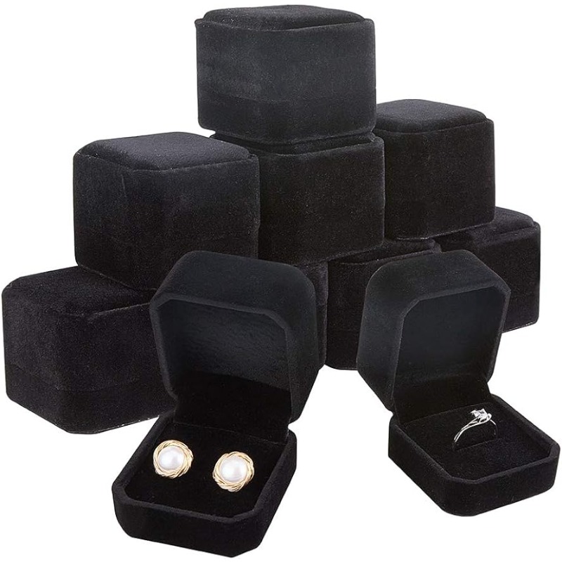 Velvet Jewelry Box - 10 Pack กํามะหยี่กล่องแหวนต่างหูกล่องกํามะหยี่สีดําเครื่องประดับจี้กล่อง 2x2x1.6 สําหรับวันวาเลนไทน์ Party