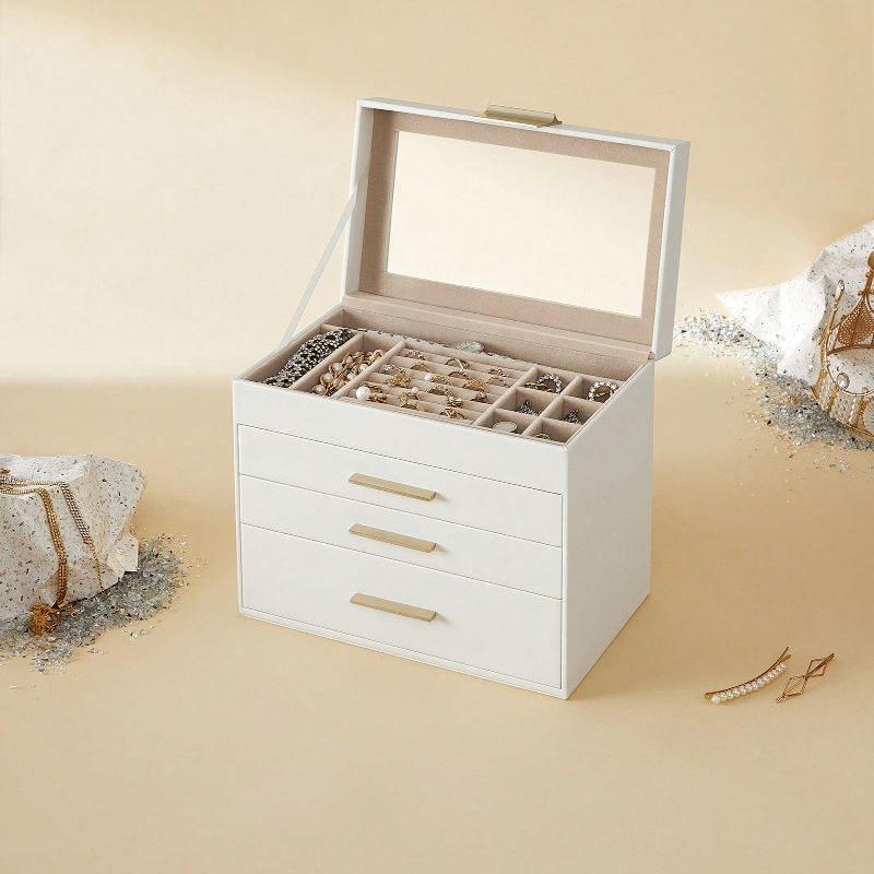 Velvet Jewelry Box - กล่องเก็บเครื่องประดับ 4 ชั้นแบบอัพเกรดพร้อมฝาแก้วและลิ้นชัก 3 ช่อง, กล่องจัดเก็บขนาดใหญ่บุด้วยกำมะหยี่สำหรับแว่นกันแดด,